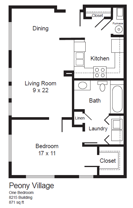 Floor plan for 1 bed, 1 bath, 871 sqft